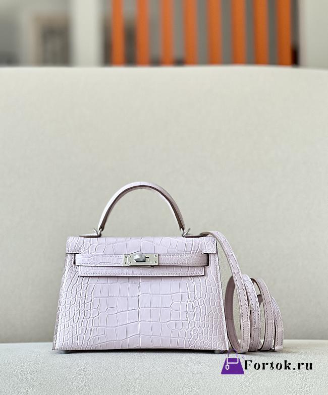 Fortok Hermes Kelly Mini Crocodile Leather Bag in Pink 19x6x12cm - 1