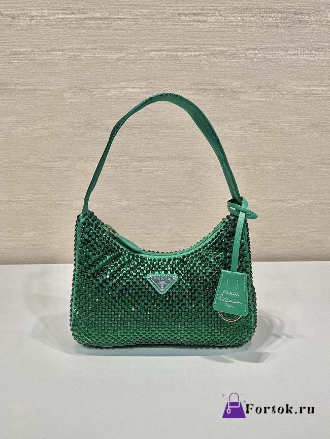 Fortok Prada Satin Mini Green Bag with Crystals - 1