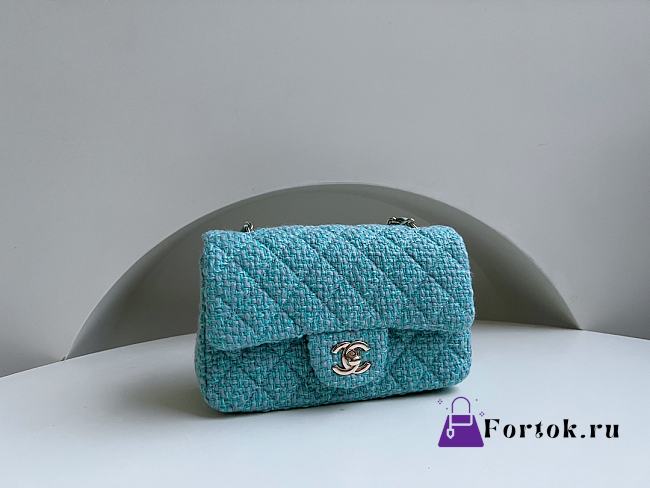 Fortok Chanel Wool Tweed Quilted Mini Rectangular Flap Turquoise Light Blue - 1