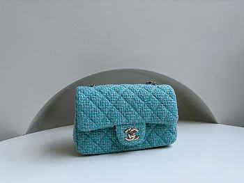 Fortok Chanel Wool Tweed Quilted Mini Rectangular Flap Turquoise Light Blue