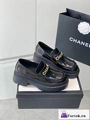 Fortok Chanel Logo Shiny Calfskin Loafers Black - 4