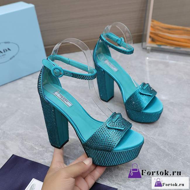 Fortok Prada Satin Platform Sandals with Crystals Green - 1