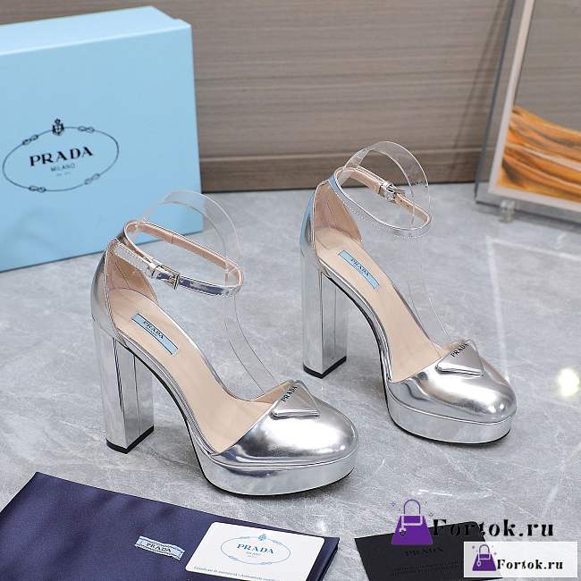 Fortok Prada Metallic Leather High Heels Sliver - 1