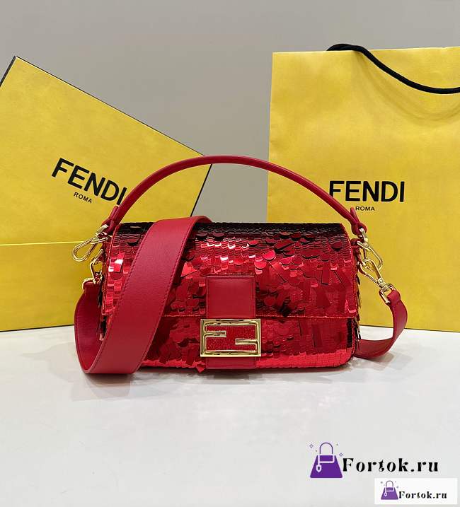 Fortok Fendi Sequin and Leather Baguette Mini Red - 1