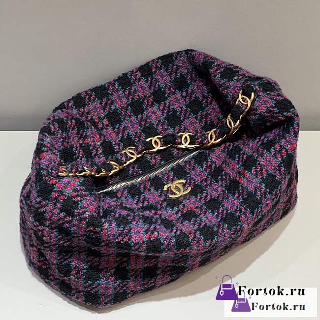 Fortok Chanel Hobo Bag Wool Twill & Gold-Tone Metal Black and Red - 1