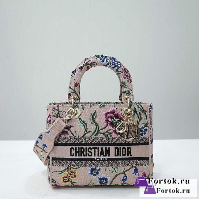 Fortok Dior Lady D-Lite Pattern Embroidery Bag Pink 24x20x11cm - 1