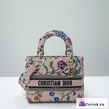 Fortok Dior Lady D-Lite Pattern Embroidery Bag Pink 24x20x11cm