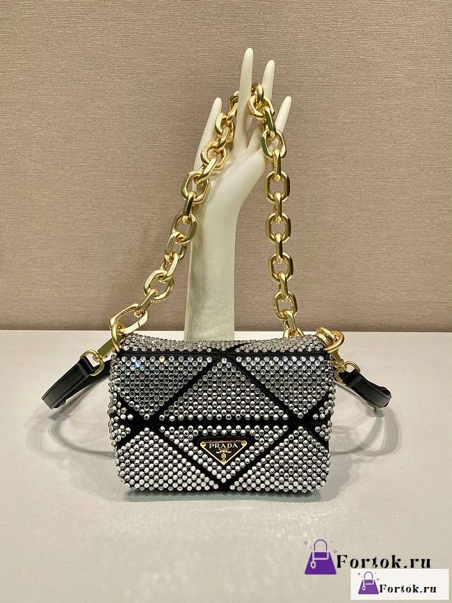 Fortok Prada Grey Mini Crystal-embellished Triangle Logo Shoulder Bag  - 1