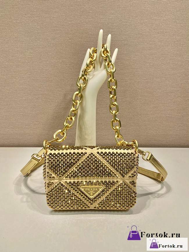 Fortok Prada Gold Mini Crystal-embellished Triangle Logo Shoulder Bag  - 1