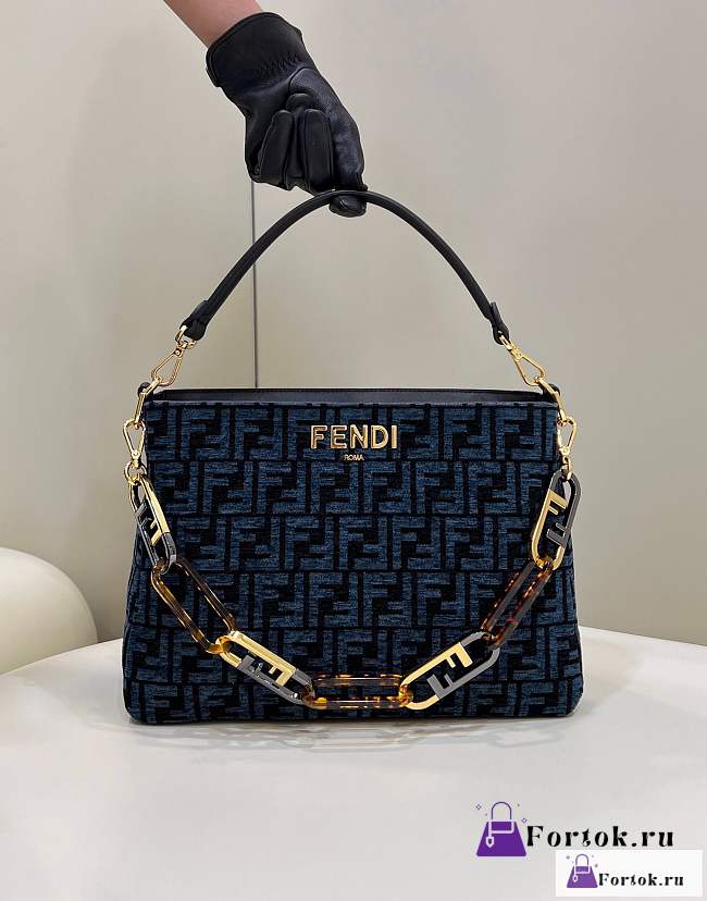 Fortok Fendi O'Lock Zip Dark Blue Tapestry Fabric Bag 35x14x23cm - 1