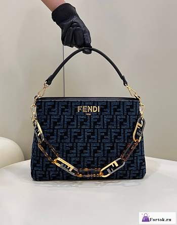 Fortok Fendi O'Lock Zip Dark Blue Tapestry Fabric Bag 35x14x23cm