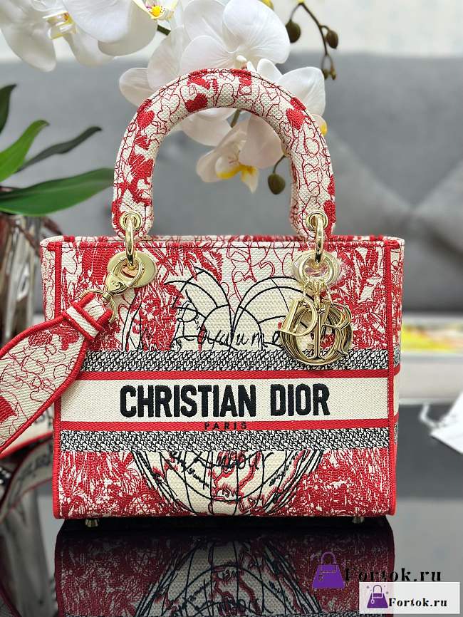 Fortok Dior Lady D-Lite Heart-Shaped Red Dioramour Embroidery Bag M0565 24x20x11cm - 1