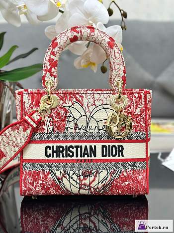 Fortok Dior Lady D-Lite Heart-Shaped Red Dioramour Embroidery Bag M0565 24x20x11cm