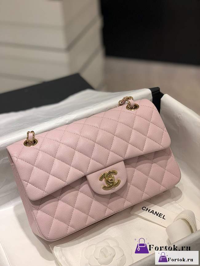 Fortok Chanel Classic Flap Bag Grained Leather Pink 23cm - 1