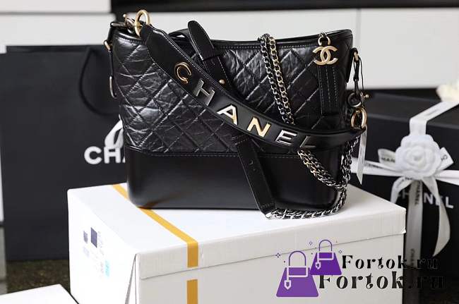 Fortok Chanel Gabrielle Hobo Bag Black Calfskin Logo Handle Strap - 1