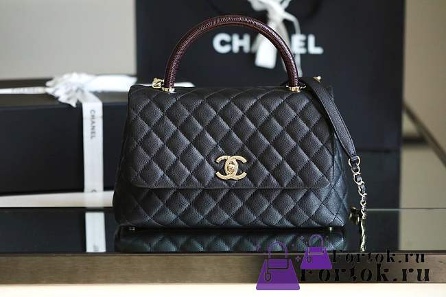Fortok Chanel Coco Handle Bag Black Caviar Lizard Lining  - 1