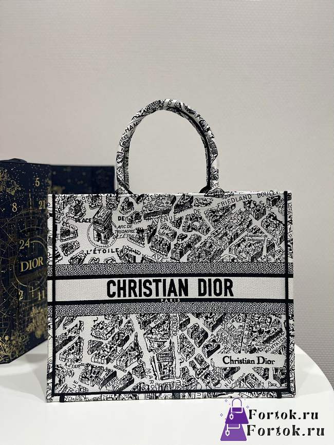 Fortok Dior White Tote Bag Map Pattern 42x18x35cm - 1