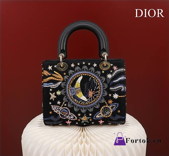 Fortok Dior Medium Lady Sun Satin with Bead Embroidery Bag 24x20x11cm - 1