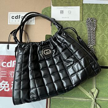 Fortok Gucci Deco Quilted Leather Drawstring Shoulder Bag Black 43x28x8cm