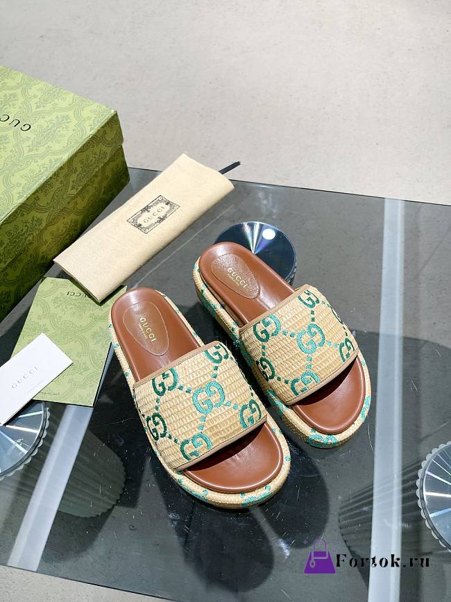 Fortok Gucci Thick-Soled Slippers Beige/Green - 1