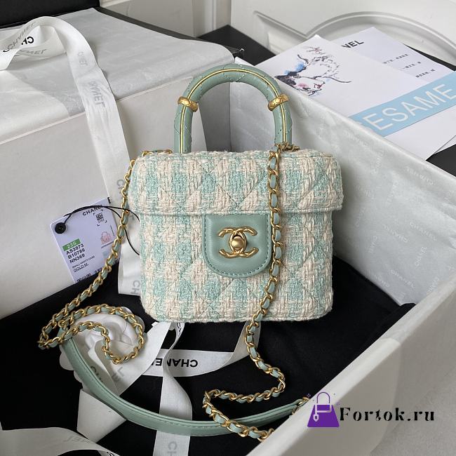 Fortok Chanel Tweed Lambskin Bag Gold Metal Blue 12.5x15x8cm - 1