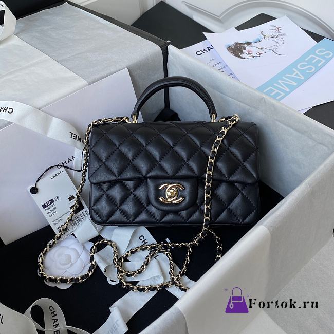 Fortok Chanel Flap Handle Bag Lambskin Black 20x12x6cm - 1