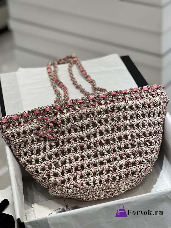 Fortok Chanel Crochet Mixed Fibres Gold Tone Metal Beige Pink 20x36x12cm - 1