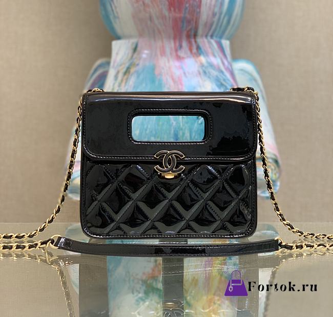 Fortok Chanel Mini Flap Bag With Top Handle Patent Calfskin&Gold-Tone Metal Black - 1