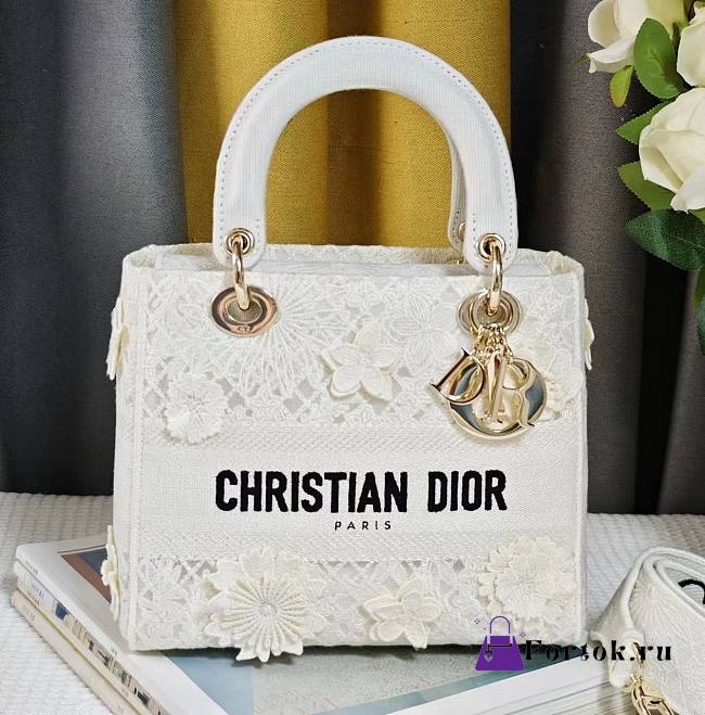 Fortok Dior Lady D-lite Bag White Reverse Jouy 24x20x11cm - 1