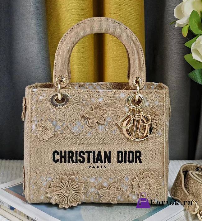 Fortok Dior Lady D-lite Bag Beige Reverse Jouy 24x20x11cm - 1