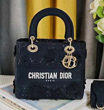 Fortok Dior Lady D-lite Bag Black Reverse Jouy 24x20x11cm