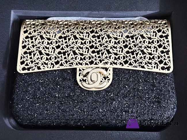 Chanel Mini Evening Bag Wool Tweed & Gold Metal Black  - 1