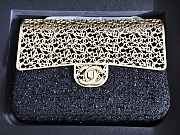 Chanel Mini Evening Bag Wool Tweed & Gold Metal Black  - 1