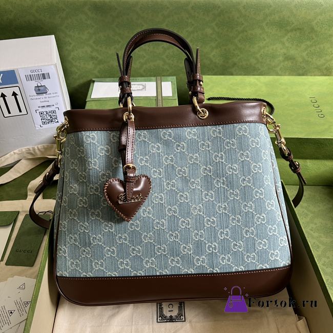 Fortok Gucci Valentine GG Denim Top Handle Bag Brown 34x28x12cm - 1