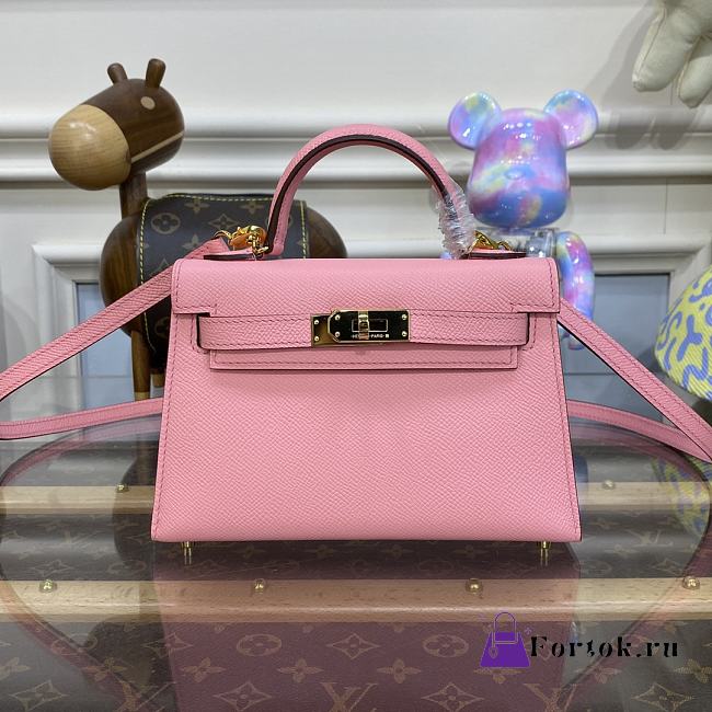 Fortok Hermes Kelly Mini Calfskin Bag Pink 19x5.5x12.5cm - 1