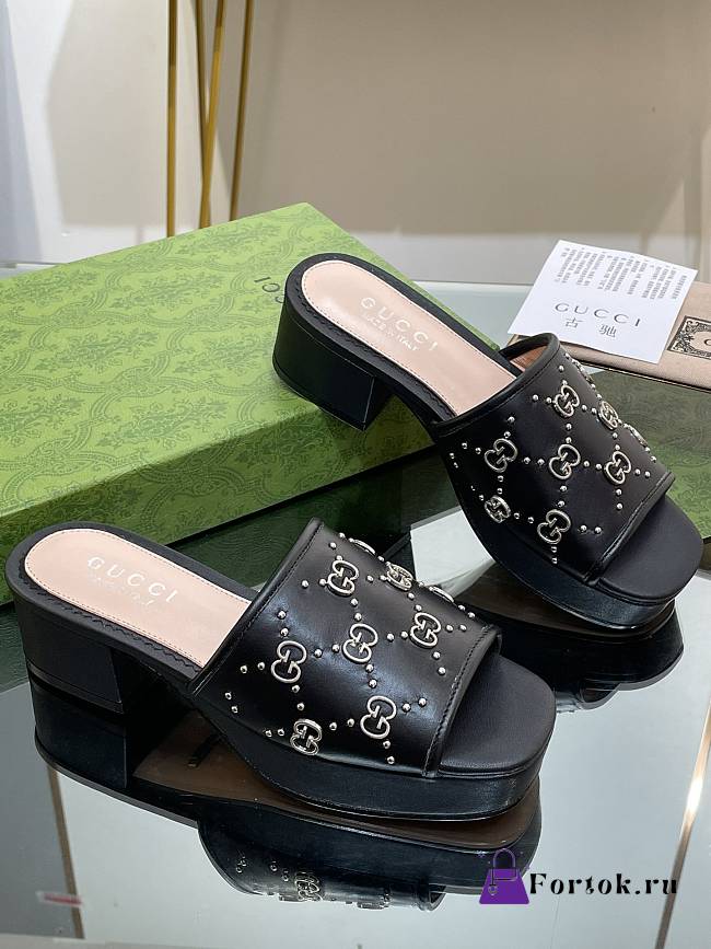 Fortok Gucci 2023 GG Stud Platform Sandals Black - 1