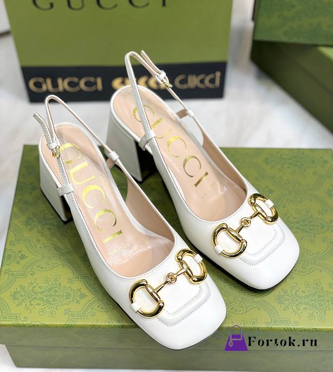 Fortok Gucci Mid-Heel Slingback With Horsebit White - 1
