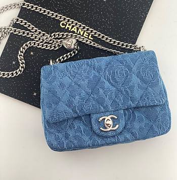 Fortok Chanel Mini Sweetheart Crush Flap Blue Camellia Denim Silver Hardware