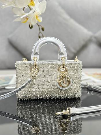 Fortok Dior Lady D-Joy Micro Bag Silver-Tone Satin with Bead 16x9x5cm