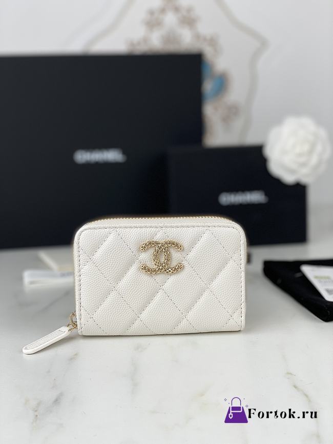 Fortok Chanel Caviar Quilted Zipper Wallet White 11x7.5cm - 1