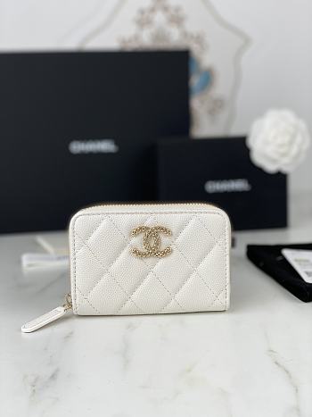 Fortok Chanel Caviar Quilted Zipper Wallet White 11x7.5cm