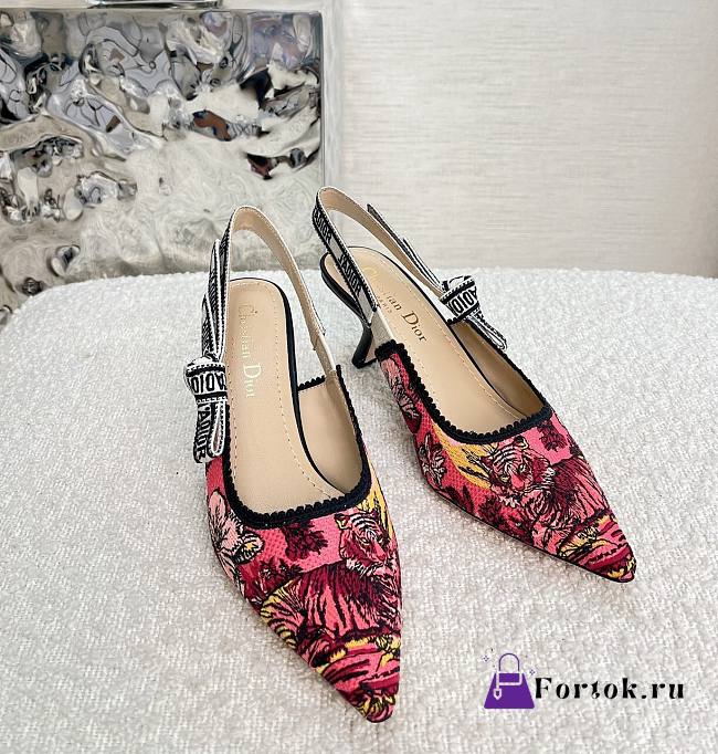 Fortok Dior Slingback Pumps Rani Pink Multicolor Embroidered Cotton with Toile de Jouy Voyage Motif - 1