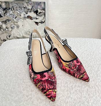 Fortok Dior Slingback Pumps Rani Pink Multicolor Embroidered Cotton with Toile de Jouy Voyage Motif