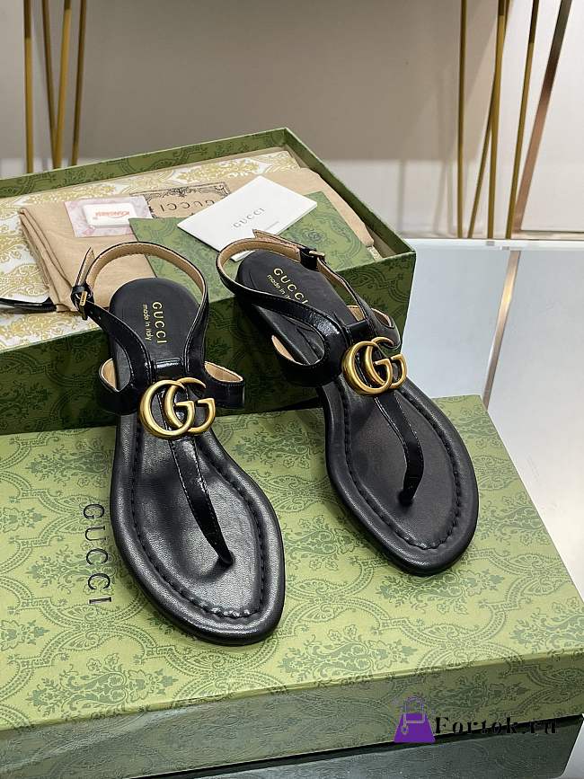 Fortok Gucci Double G Leather Thong Sandals Black - 1