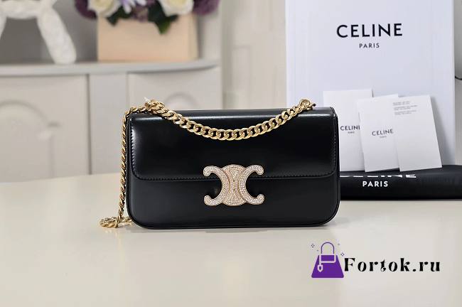 Fortok Celine Chain Shoulder Bag Triomphe With Strass Closure Black 20.5x10.5x4cm - 1