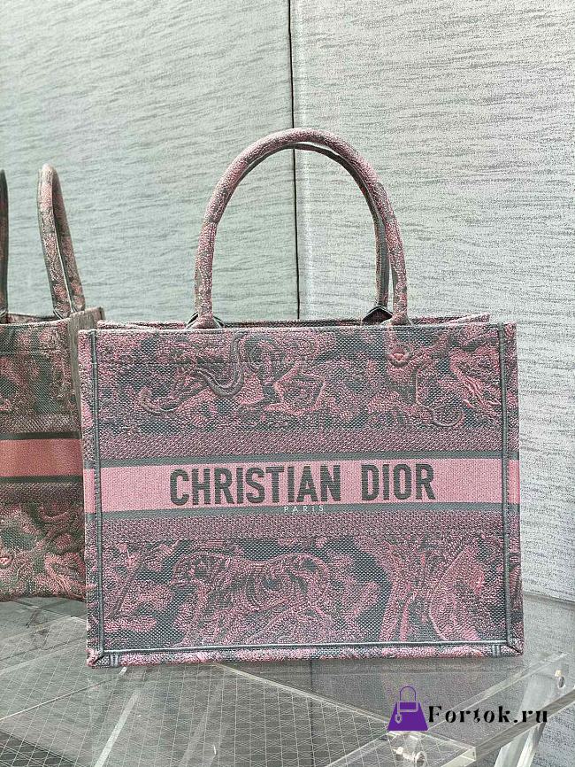 Fortok Dior Book Tote Gray and Pink Toile de Jouy Reverse Embroidery 36.5cm - 1