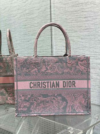 Fortok Dior Book Tote Gray and Pink Toile de Jouy Reverse Embroidery 36.5cm