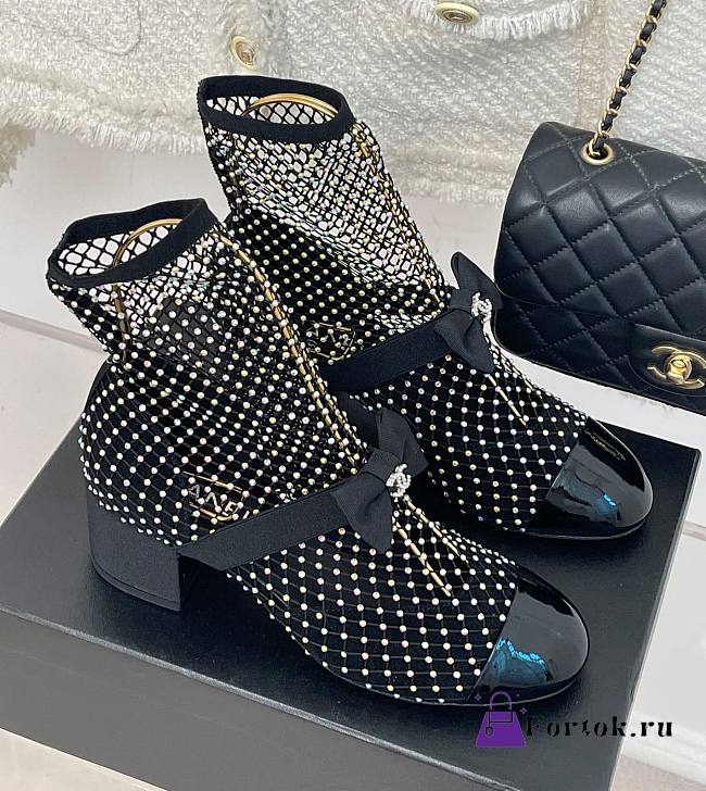 Fortok Chanel 23P Bow Lace Fishnet Sock Short Boots Black - 1