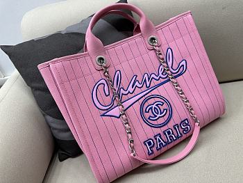 Fortok Chanel Maxi Shopping Bag Cotton,Calfskin&Silver-Tone Metal Pink & Blue