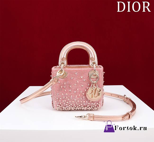 Fortok Dior Lady Microbag Blush Pink Satin Embroidered With Gradient Effect Beads - 1